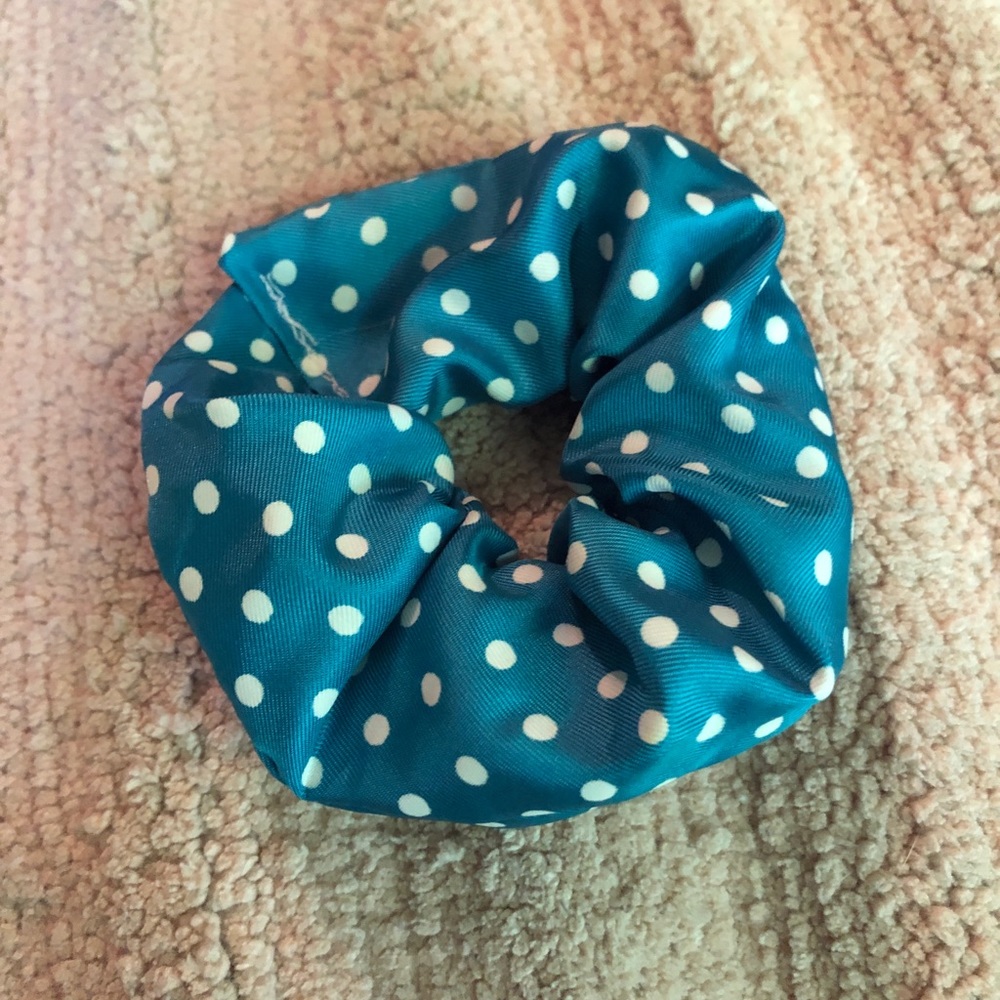 Blue silk scrunchy with white polka dots